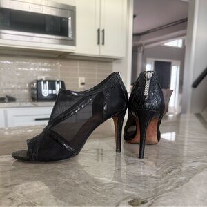 Donald J. Pliner Black Mesh and Leather Peep-Toe High Heel Booties 8